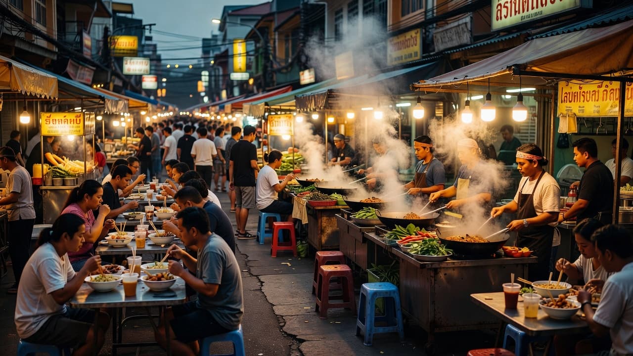 Vibrant stalls line the busy sidewalk as golden steam rises from sizzling woks. Patrons sit at cramped tables while glowing lanterns illuminate the dark evening atmosphere of the bustling thoroughfare.