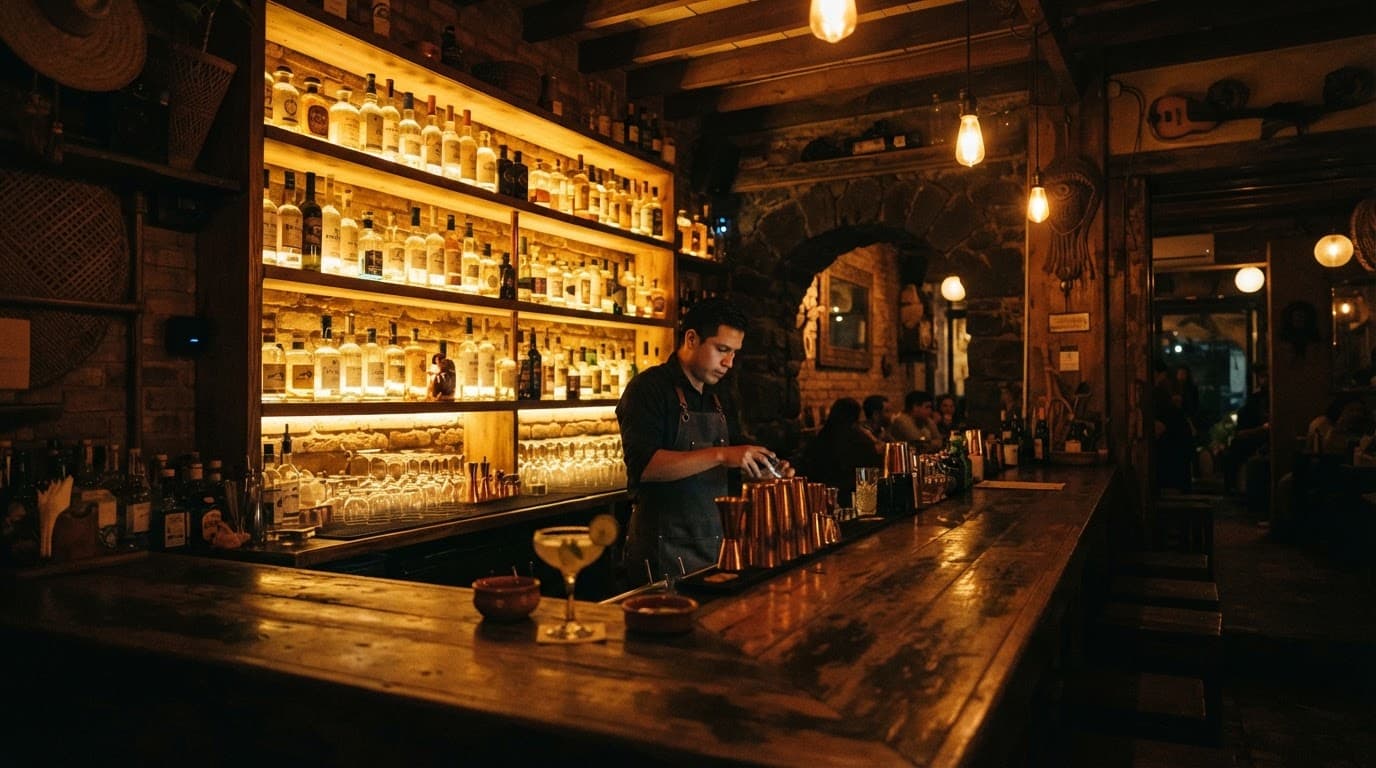 A warmly lit pisco bar with glowing bottles, a wooden counter, and one bartender in back.