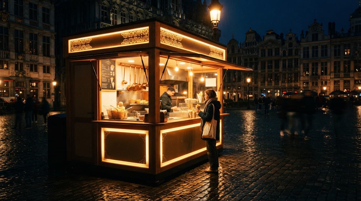A warm-lit friterie stall in a wet Brussels square at night with one person waiting outside.
