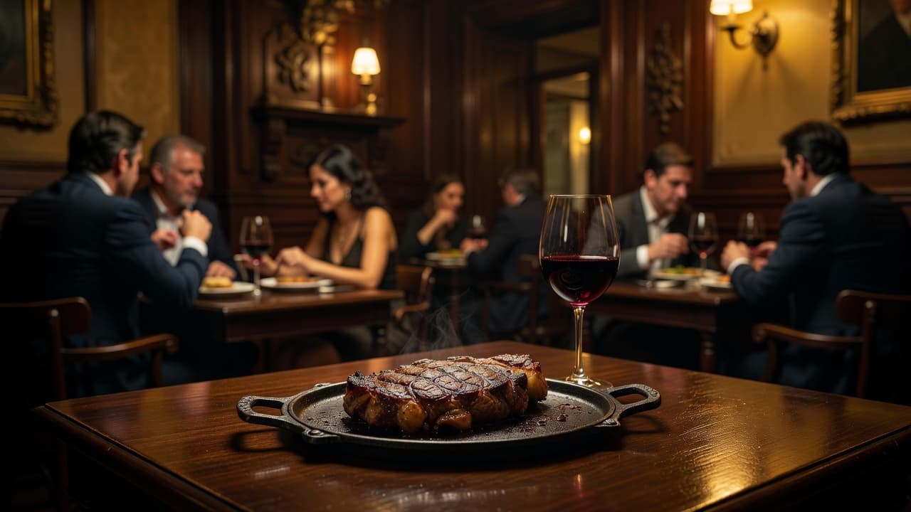 A thick, grilled steak rests on a rustic metal platter beside a glass of red malbec at a wooden table. Warm amber lights illuminate the sophisticated, wood-paneled interior dining room.