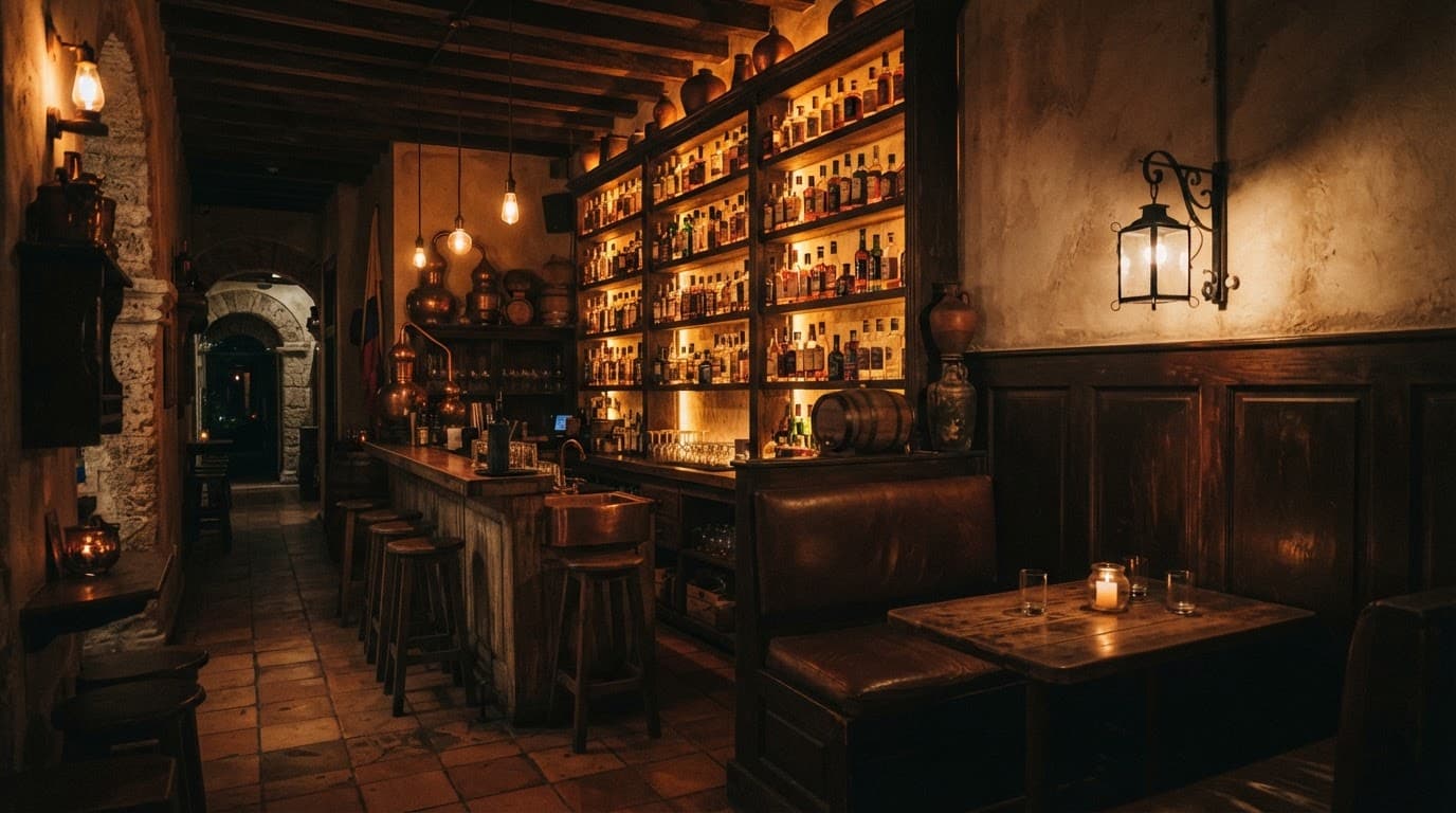An empty rum bar with wooden shelves and glowing amber lighting in Cartagena.