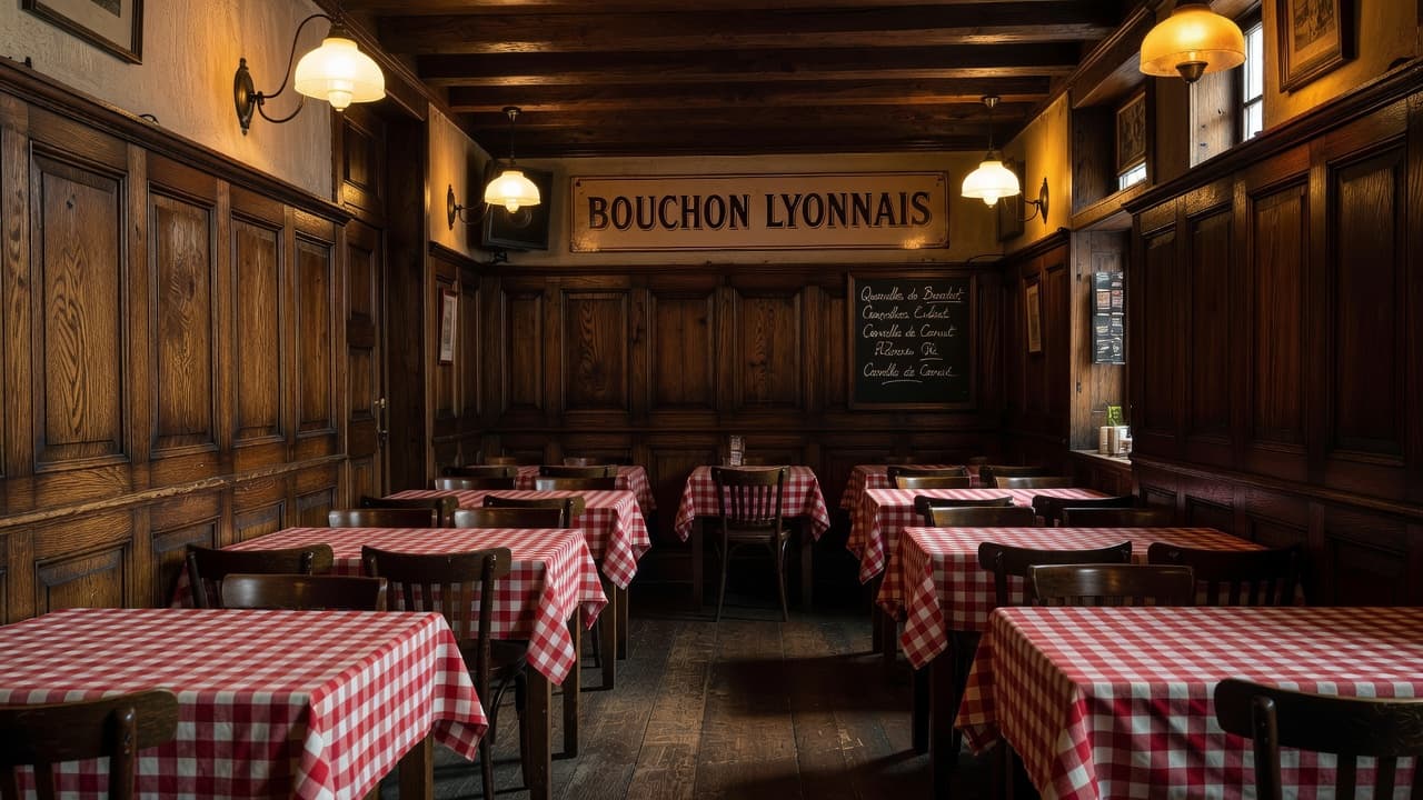 Empty restaurant tables with red checkered tablecloths in a traditional wooden French bistro.