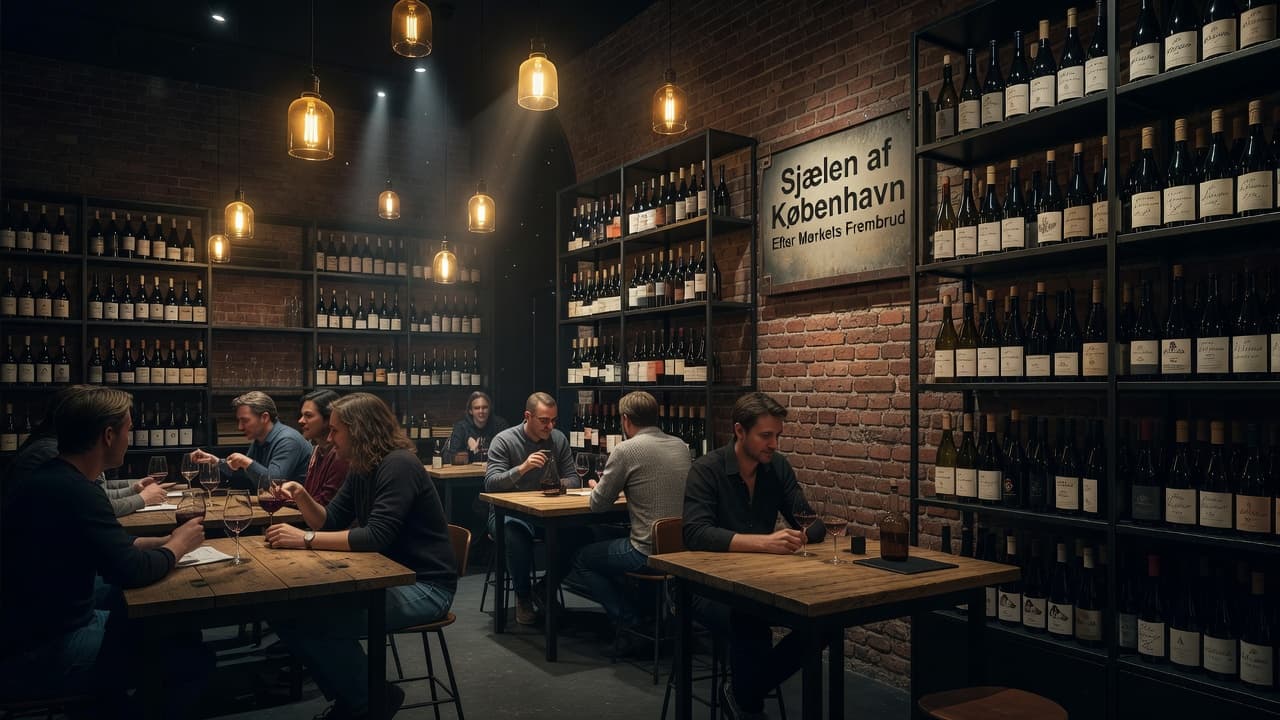 Glowing pendant lamps illuminate a collection of wine bottles along rustic exposed brick walls. Patrons sit at wooden tables within the moody, atmospheric interior of this popular Danish drinking establishment.