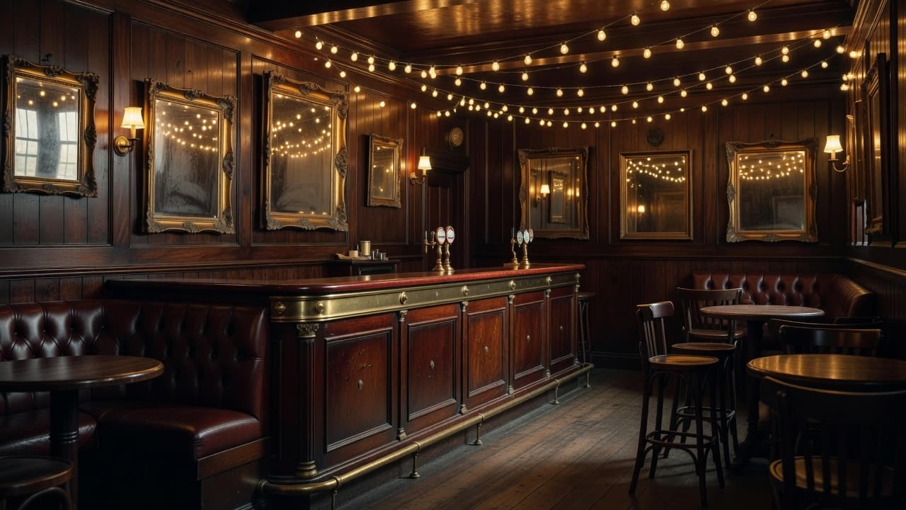 An empty Dublin pub interior featuring warm wood walls, glowing amber lights, and brass accents.