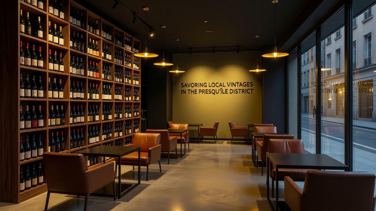 A stylish wine bar interior in Lyon with glowing bottle displays and cozy leather seating.