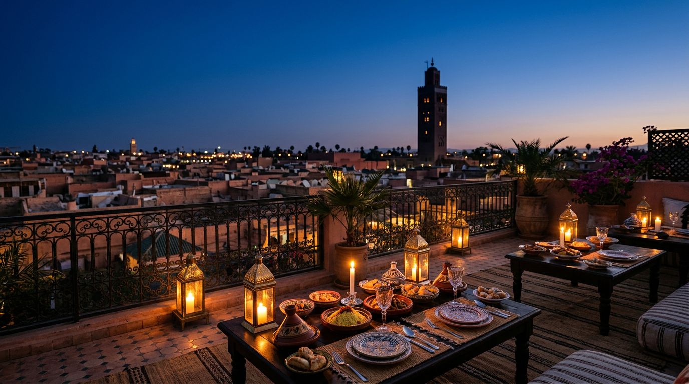 Candlelit rooftop dining table in Marrakech with brass lanterns and distant minaret.