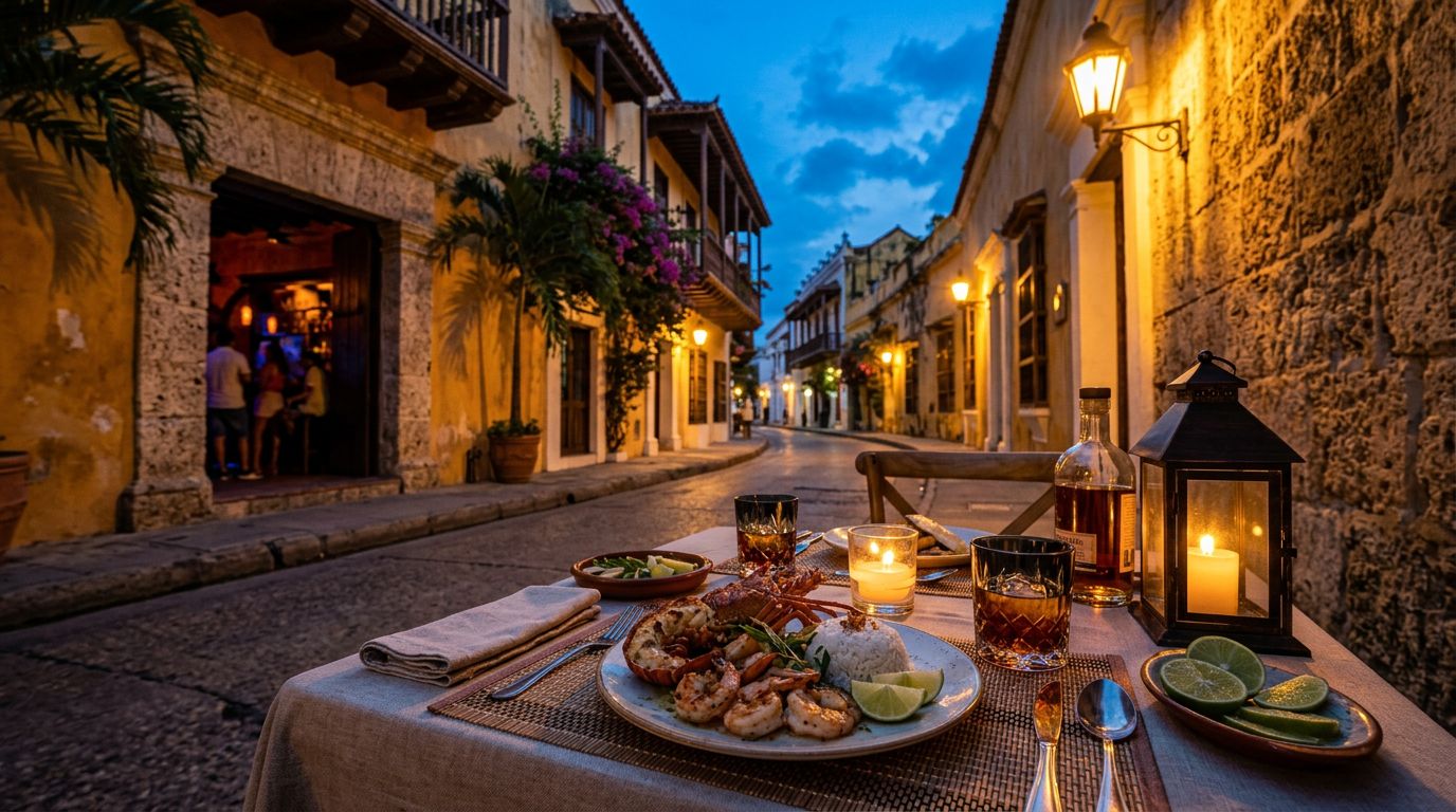 An outdoor table in Cartagena with seafood and rum under warm lantern light.