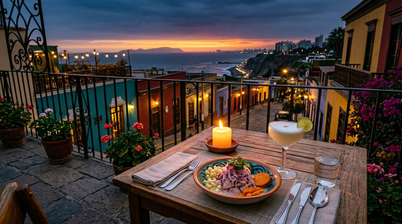 Ceviche and a pisco sour sit on a candlelit table in Barranco at sunset.