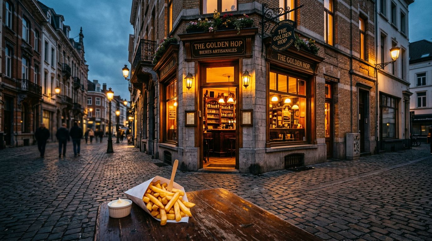 A warm Belgian beer bar glows on a cobblestone street at dusk next to a cone of golden frites.