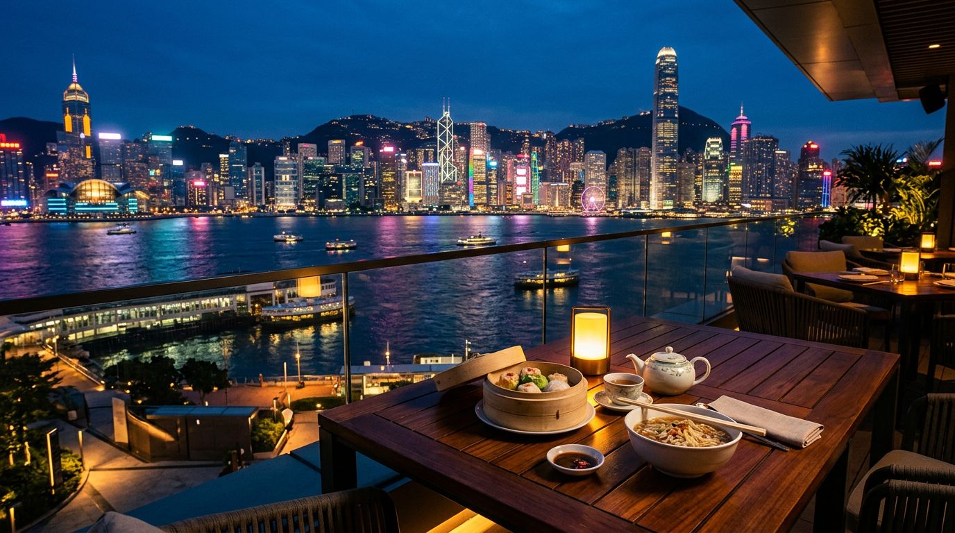A rooftop table with dim sum and tea overlooking the glowing Hong Kong skyline at dusk.
