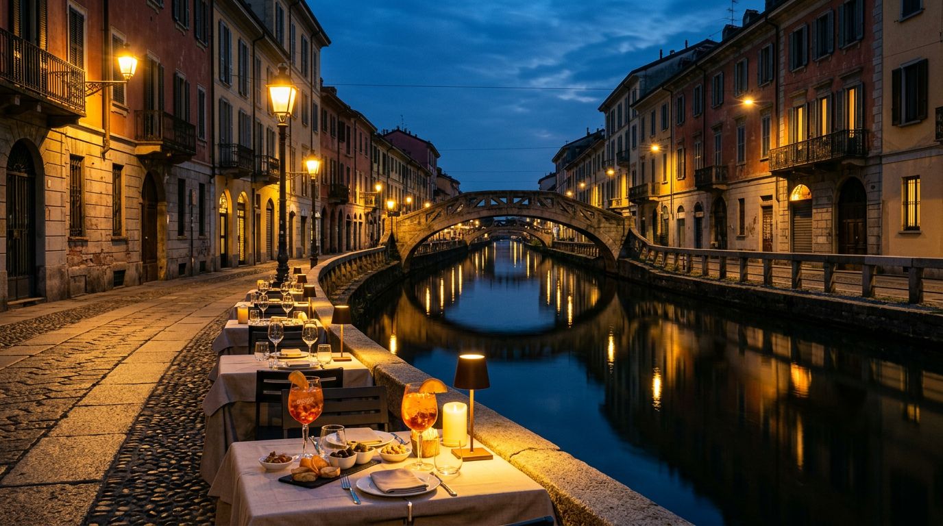 An outdoor table by a Milan canal at twilight with glowing lamps and drinks.