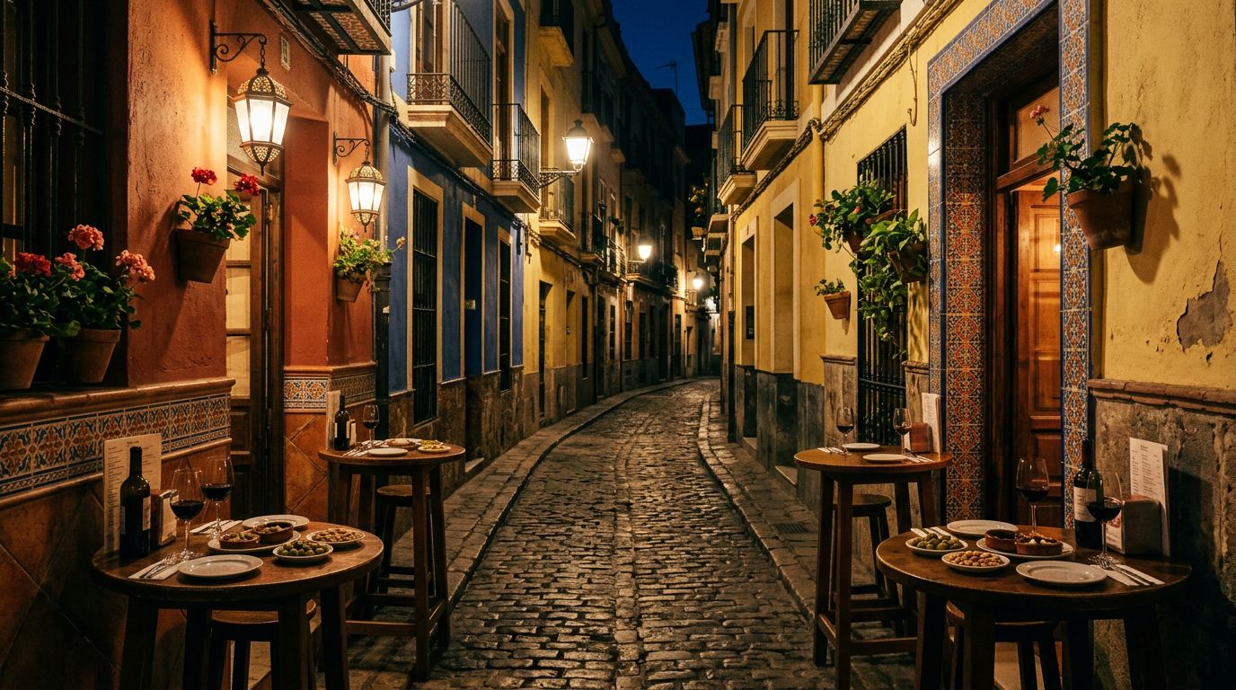A narrow cobblestone street in Valencia lit by warm restaurant lanterns at night.