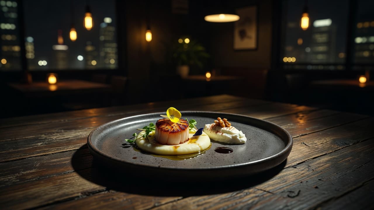 A small plate featuring an intricate gourmet dish sits centered on a dark, rustic wooden table. Soft, blurred golden restaurant lights create a warm, cinematic atmosphere in the shadowed background.