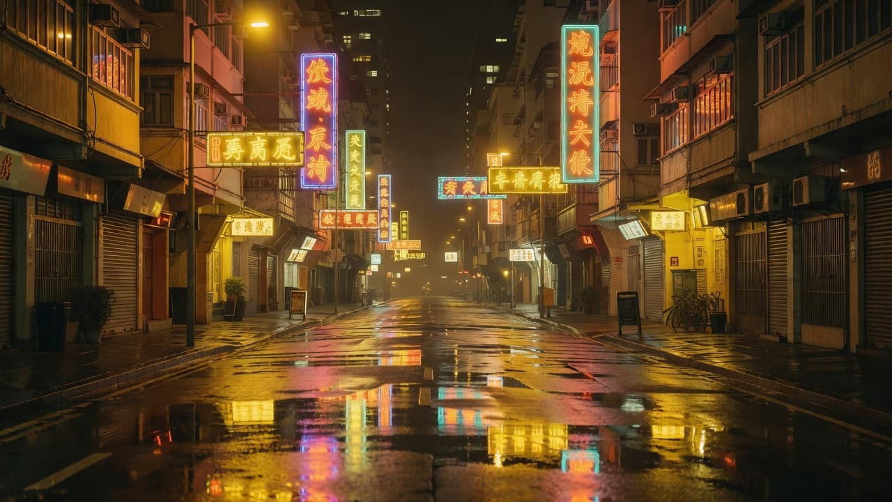 A wet street in Hong Kong reflecting glowing neon lights at night.