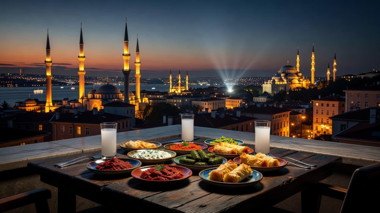 A refined outdoor dining table features ceramic plates filled with vibrant meze appetizers and glasses of raki. In the background, glowing minarets and city lights illuminate the sprawling Istanbul evening skyline.