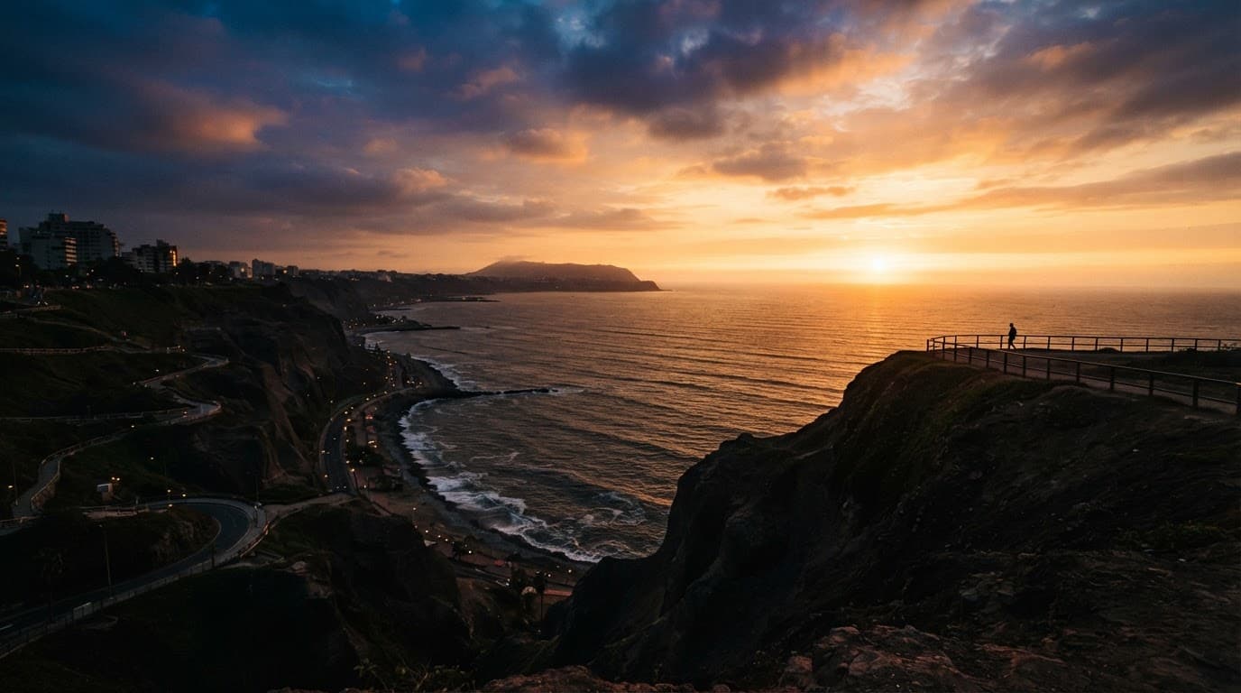 A distant person overlooks Lima's cliffs and the Pacific Ocean at sunset.