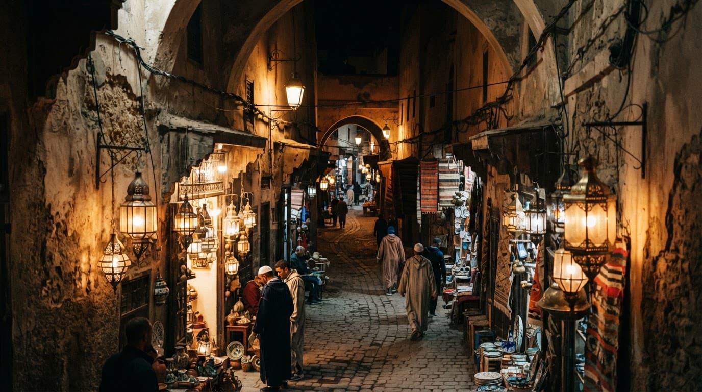 Glowing brass lanterns hang on stone walls in a narrow Marrakech medina alley at night.