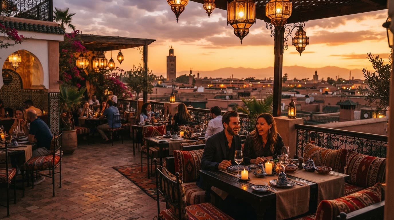An elegant Moroccan rooftop terrace with plush seating and lanterns at sunset.