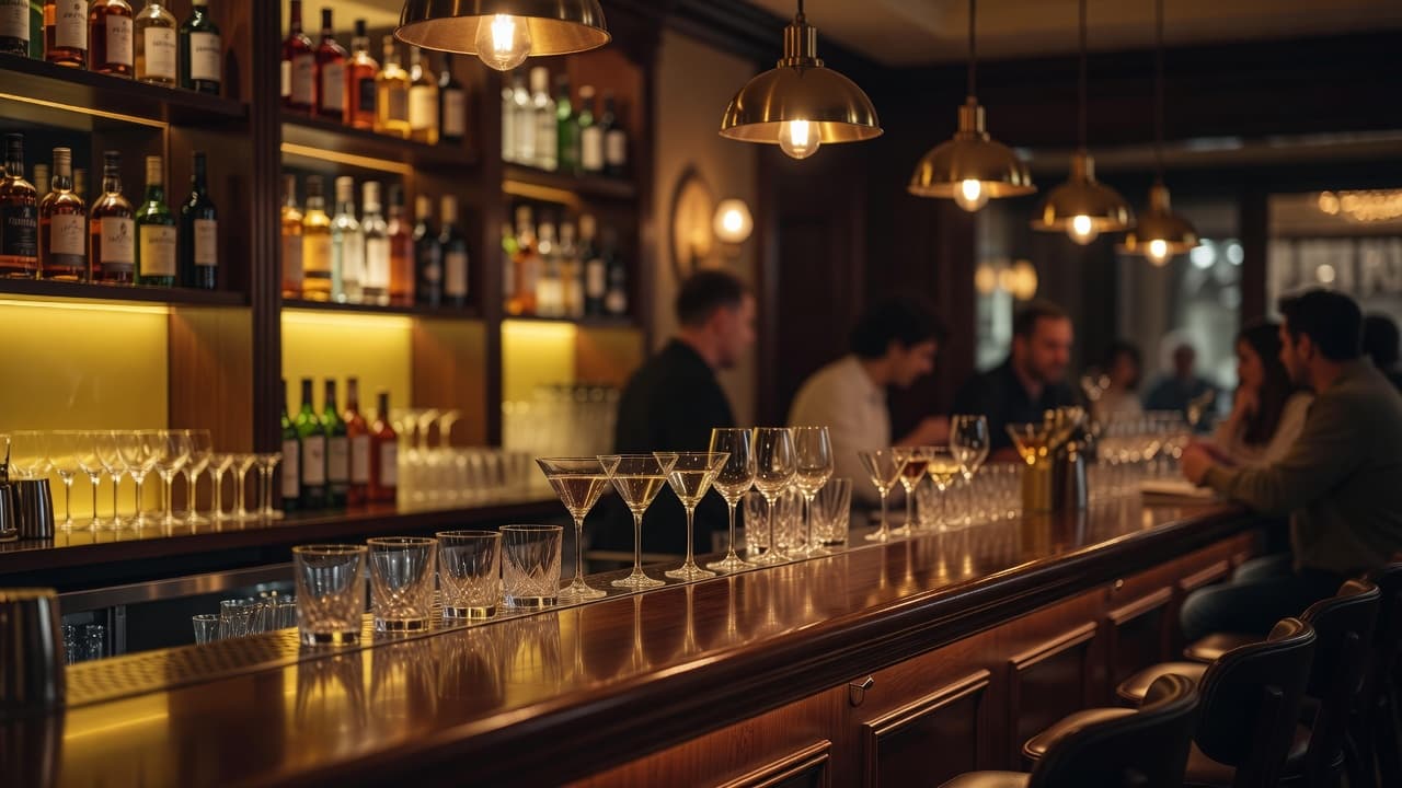 A polished wooden bar counter illuminated by warm lights with blurred people socializing in the background.