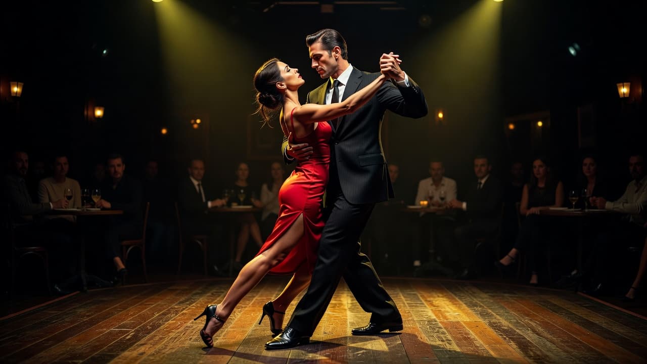 A man in a sharp suit and a woman in a red dress perform a dramatic tango on a polished wooden stage. Warm spotlights carve their figures out of the dark shadows.