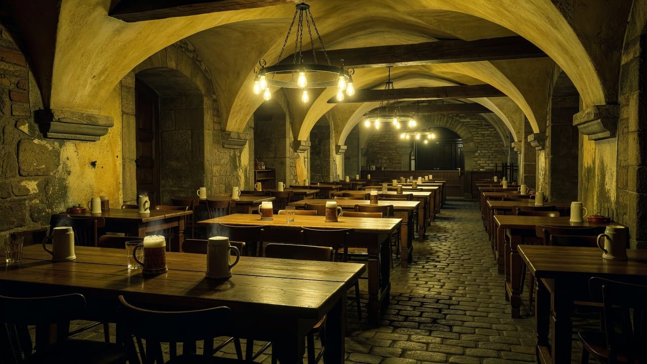 An empty traditional Prague beer hall with wooden tables and warm amber lighting.