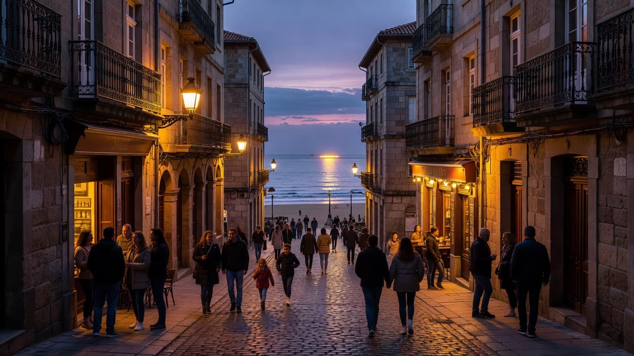 Pedestrians walk along a narrow, lamp-lit cobblestone street in San Sebastian at twilight.