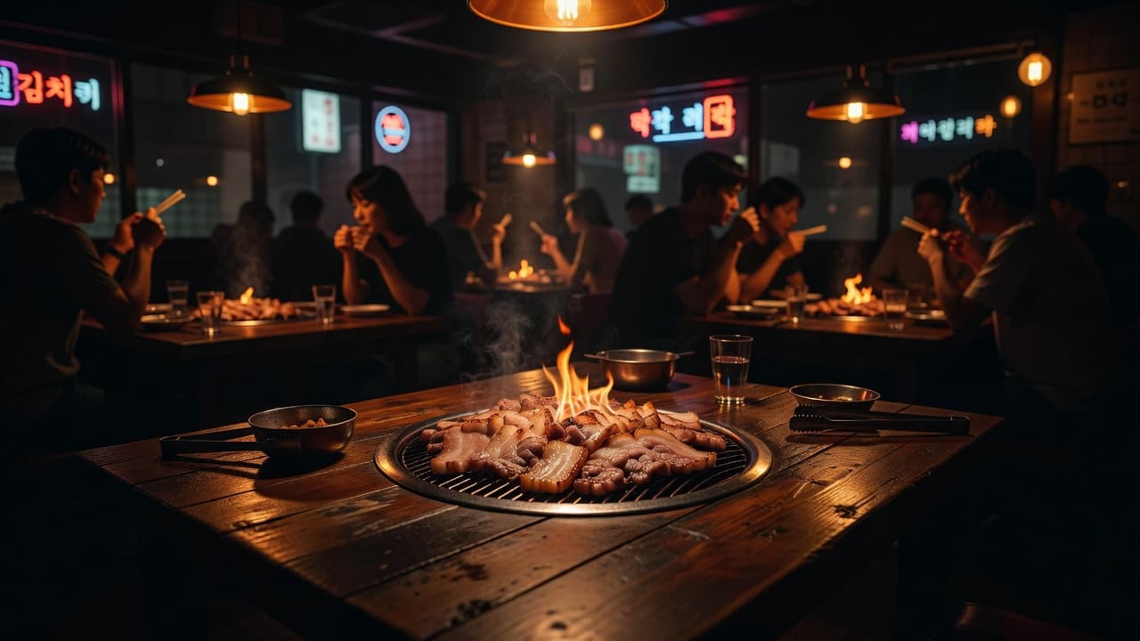 A circular metal grill embedded in a rustic wooden table cooks slices of raw meat. Warm orange light glows against dark shadows while blurred neon signs illuminate the lively background environment.