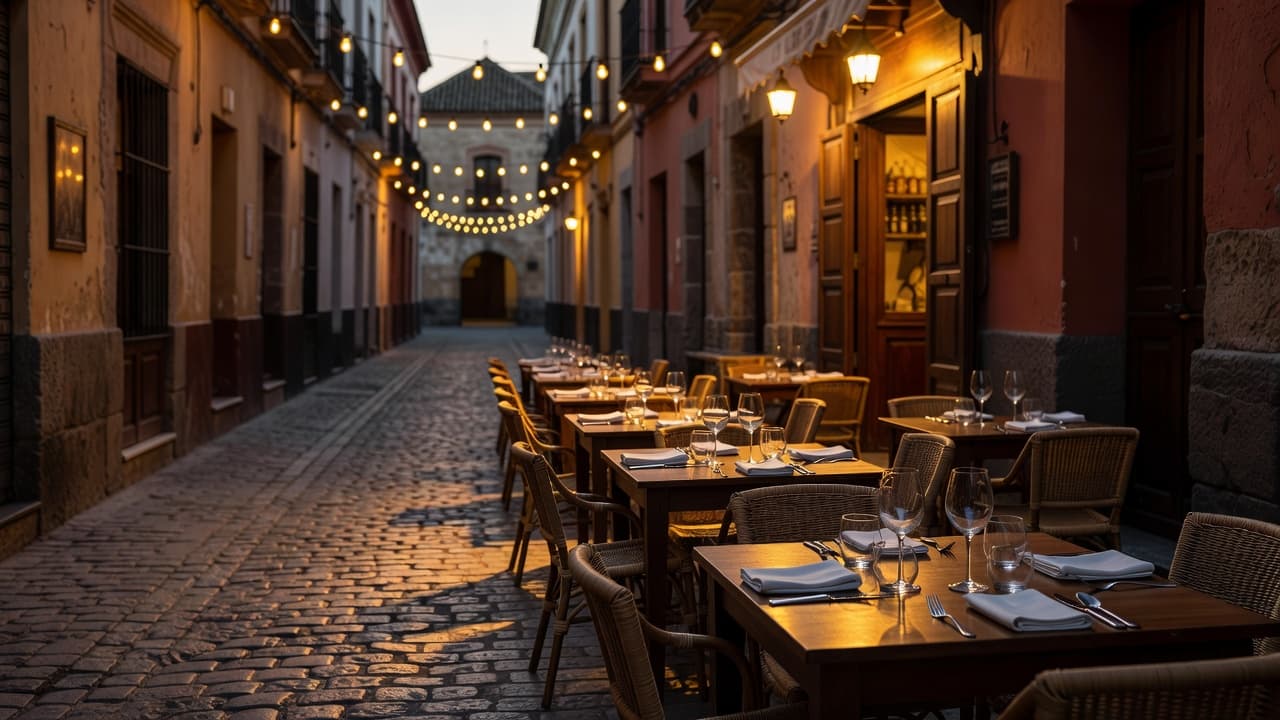 Small round cafe tables line a historic narrow cobblestone alleyway in Seville at dusk. Warm golden lamps glow from the restaurant facade, creating an intimate and inviting evening dining atmosphere.