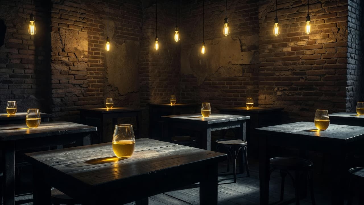 Rustic wine bar interior with exposed brick, wooden tables, and amber wine glasses.