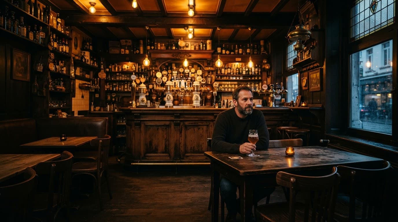 A lone patron at a wooden table inside a cozy pub with vintage beer taps and warm amber lighting.