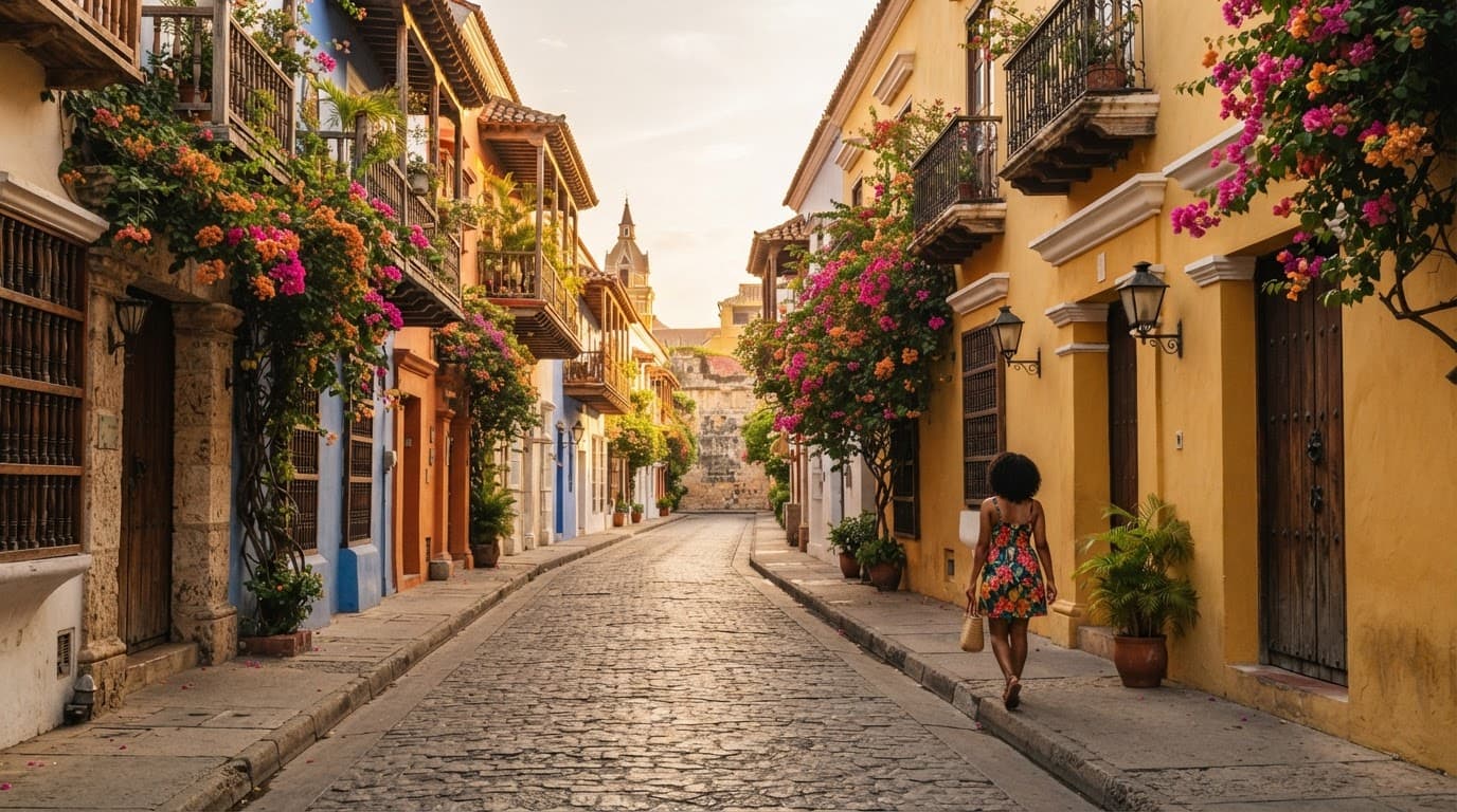 A person walking down a colorful cobblestone street with pastel buildings and flowering vines.