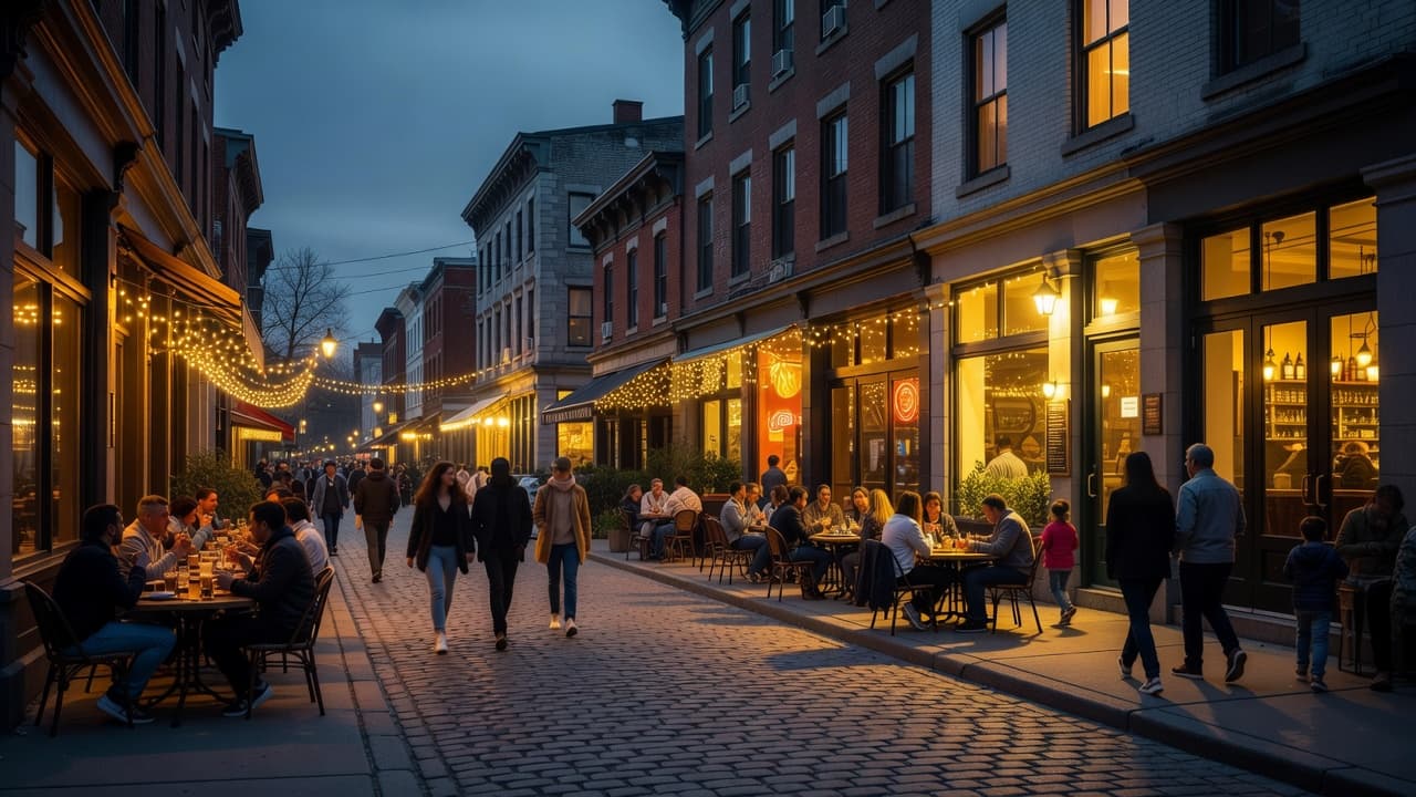 Crowds walk along a lively sidewalk illuminated by the golden glow of restaurant windows and outdoor cafe lighting. The atmospheric urban setting captures the essence of a bustling neighborhood after dark.
