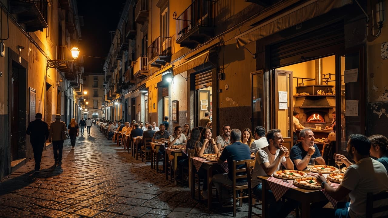 A bustling outdoor pizzeria in Naples is illuminated by warm street lamps at night. Crowds of patrons sit at small tables on wet cobblestone streets, surrounded by moody architectural shadows.