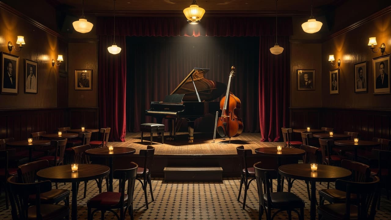 An empty jazz club stage featuring a grand piano and double bass under warm spotlights.