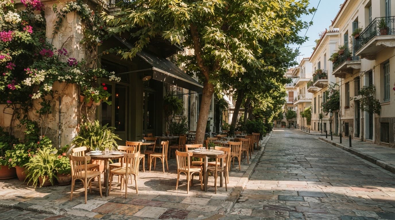 A sunny Athens cafe street with wooden chairs, leafy trees, and shadows on stone pavement.