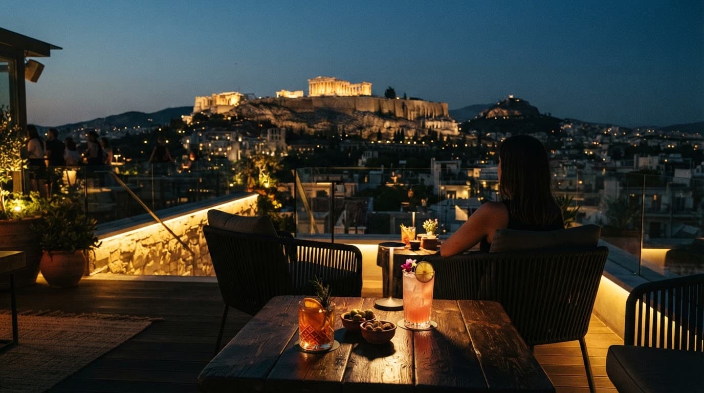 A rooftop bar overlooks the illuminated Acropolis with cocktails on a wooden table.