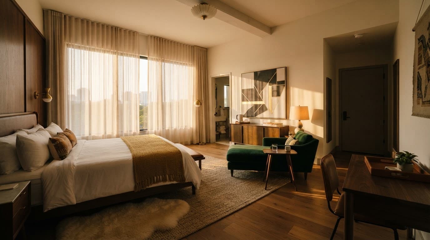 Upscale Austin hotel room with mid-century furniture and warm light through sheer curtains.