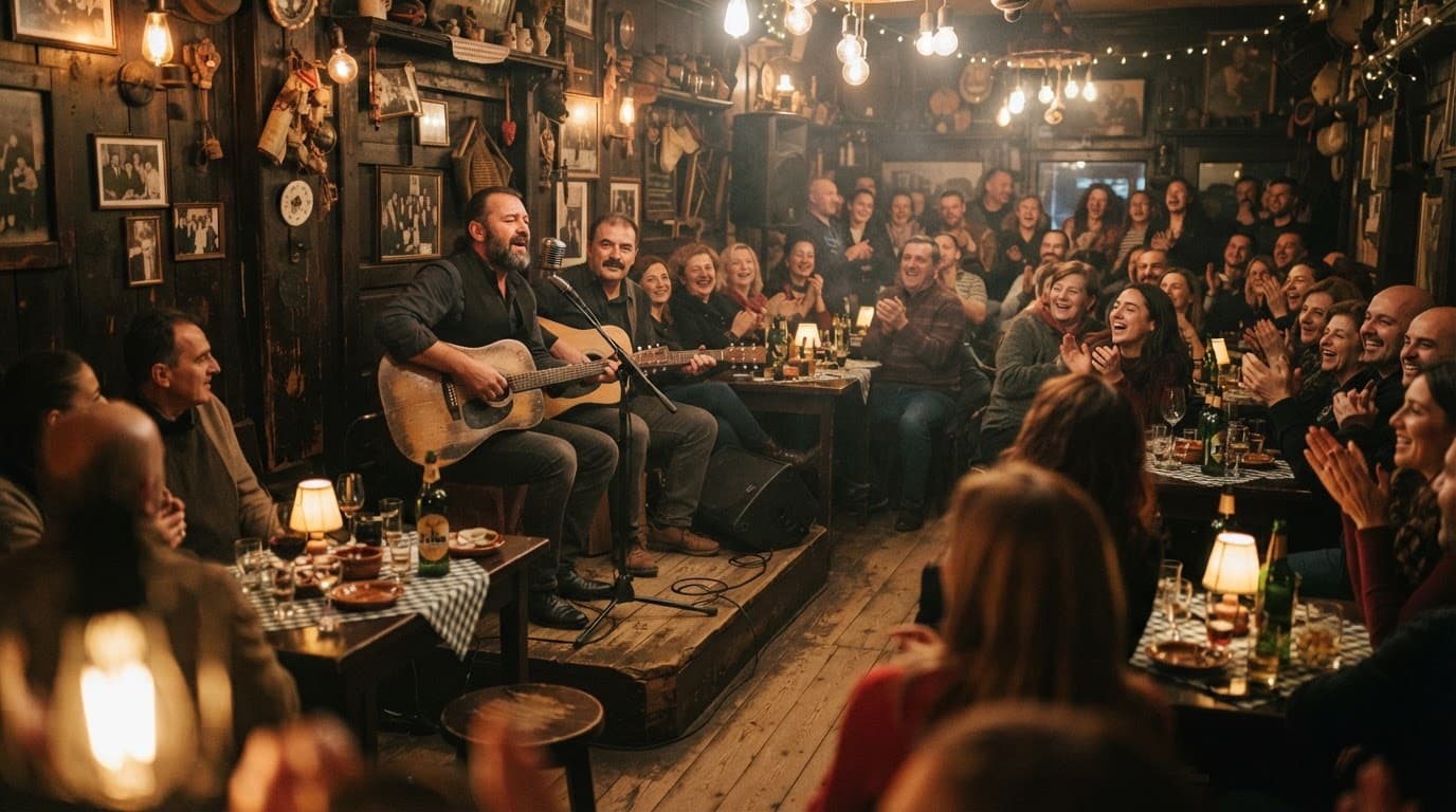 Musicians play acoustic guitars inside a warmly lit traditional Belgrade restaurant.