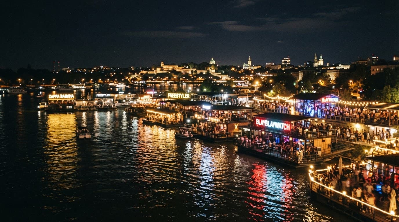 Floating venues glow along Belgrade's waterfront at night.