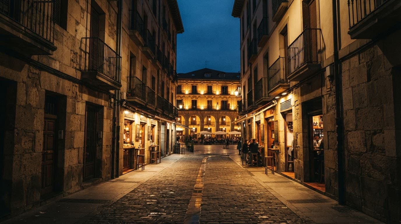 Stone streets lead to Bilbao's warmly lit Plaza Nueva at blue hour.