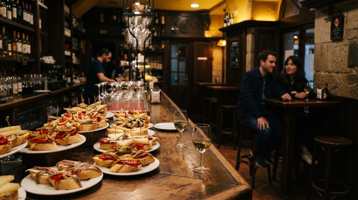 Two people sit behind a bar lined with pintxos and small wine glasses.