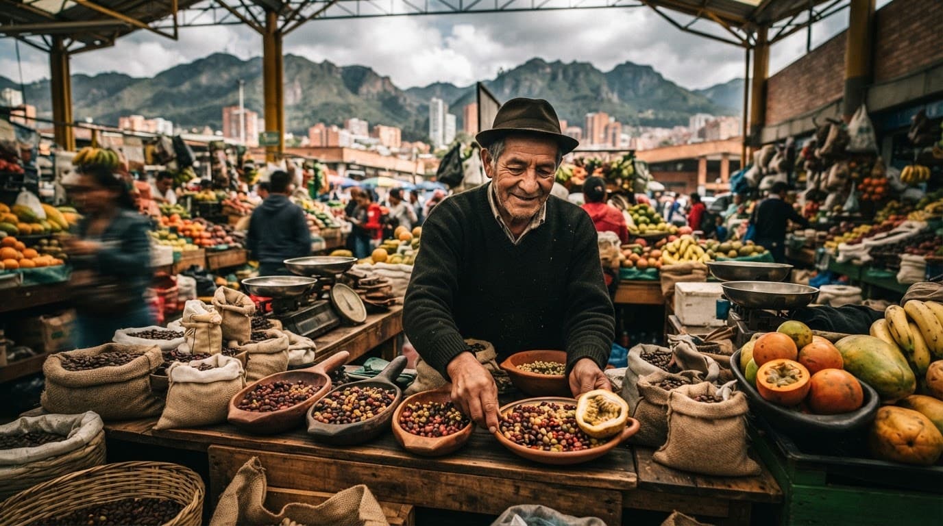 A vendor stands behind coffee beans and fruit at a busy Bogotá market.