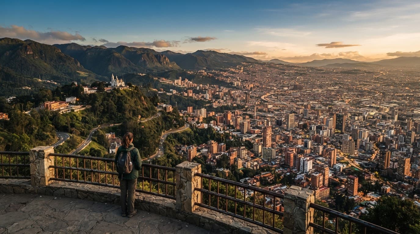 A lone traveler overlooks Bogotá and green mountains in warm evening light.