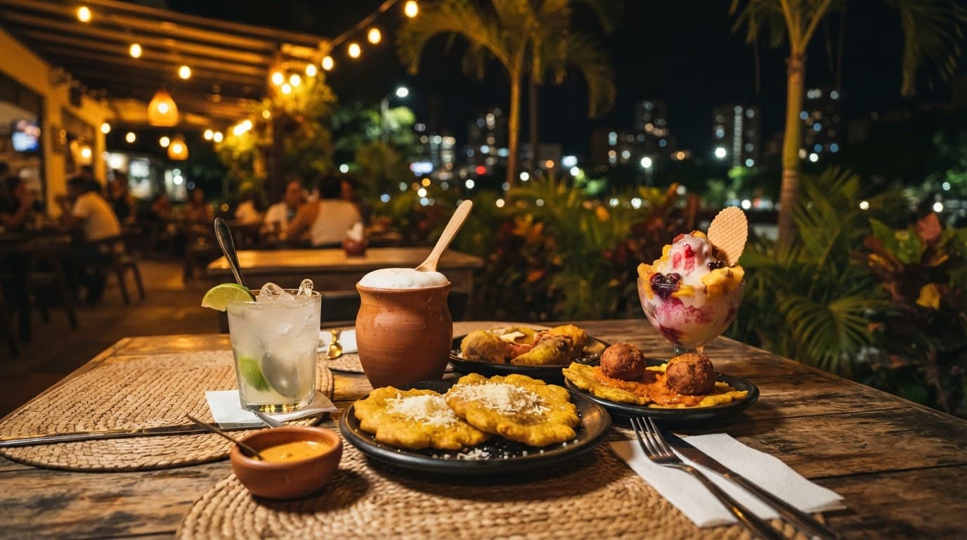 Cali dishes arranged on an outdoor table with tropical greenery and city lights at night.