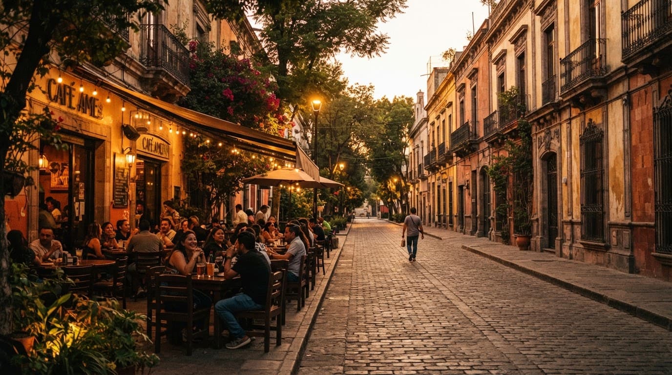 Historic buildings and cafe seating line a sunlit Guadalajara street with one distant pedestrian.
