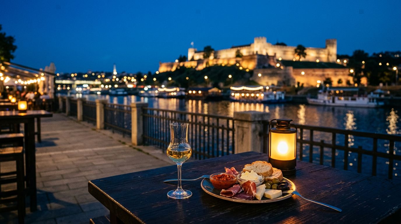 A rakija glass and mezze plate overlook Kalemegdan fortress and glowing boats on the Sava River.