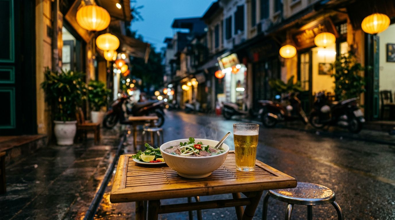 Pho and Bia Hoi rest on a lantern-lit table in Hanoi’s rainy Old Quarter.