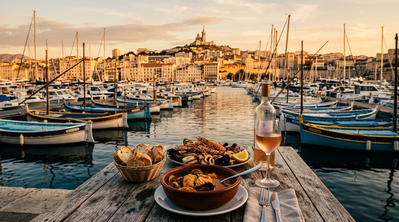 Seafood, bread, and Provençal wine overlook Marseille’s Old Port at sunset.