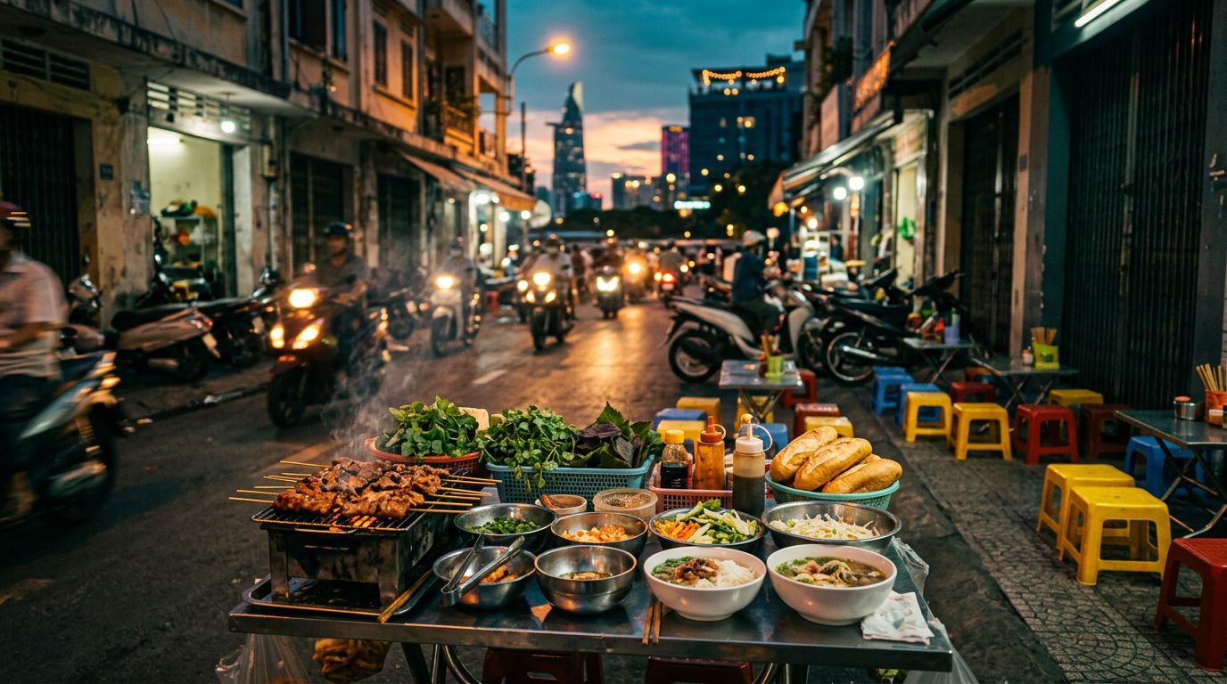 Street food dishes sit on a low table with colorful stools and glowing city streets behind them.