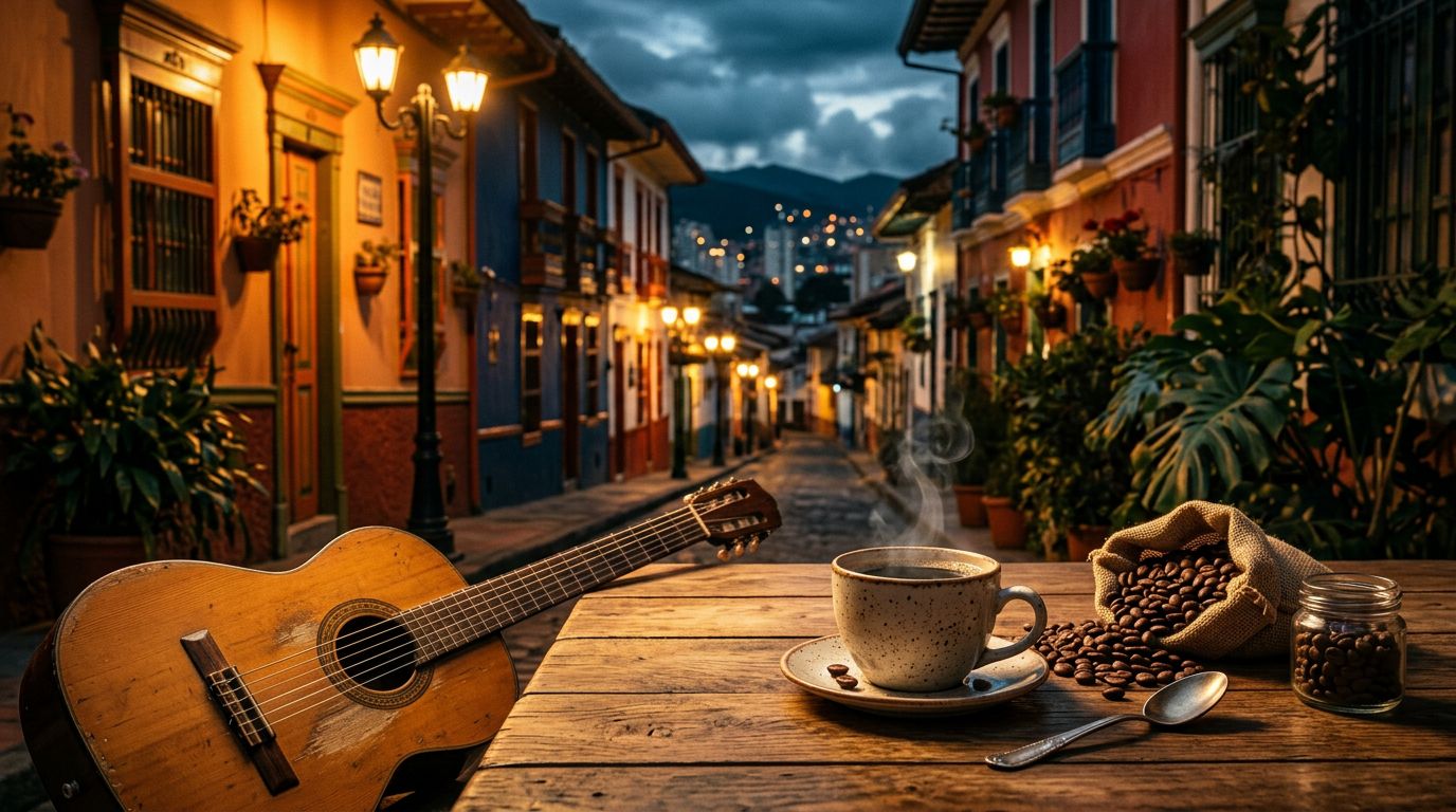 Coffee, beans, and an acoustic guitar overlook a glowing Bogotá street at dusk.